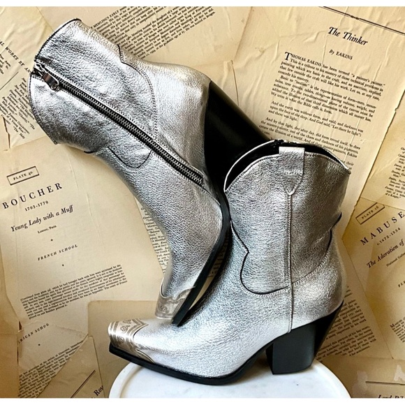 Free People Brayden Western Boot Silver Leather Pewter Etched Tip Zip